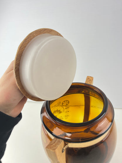 Amber Glass Biscuit Barrel with Timber Handles