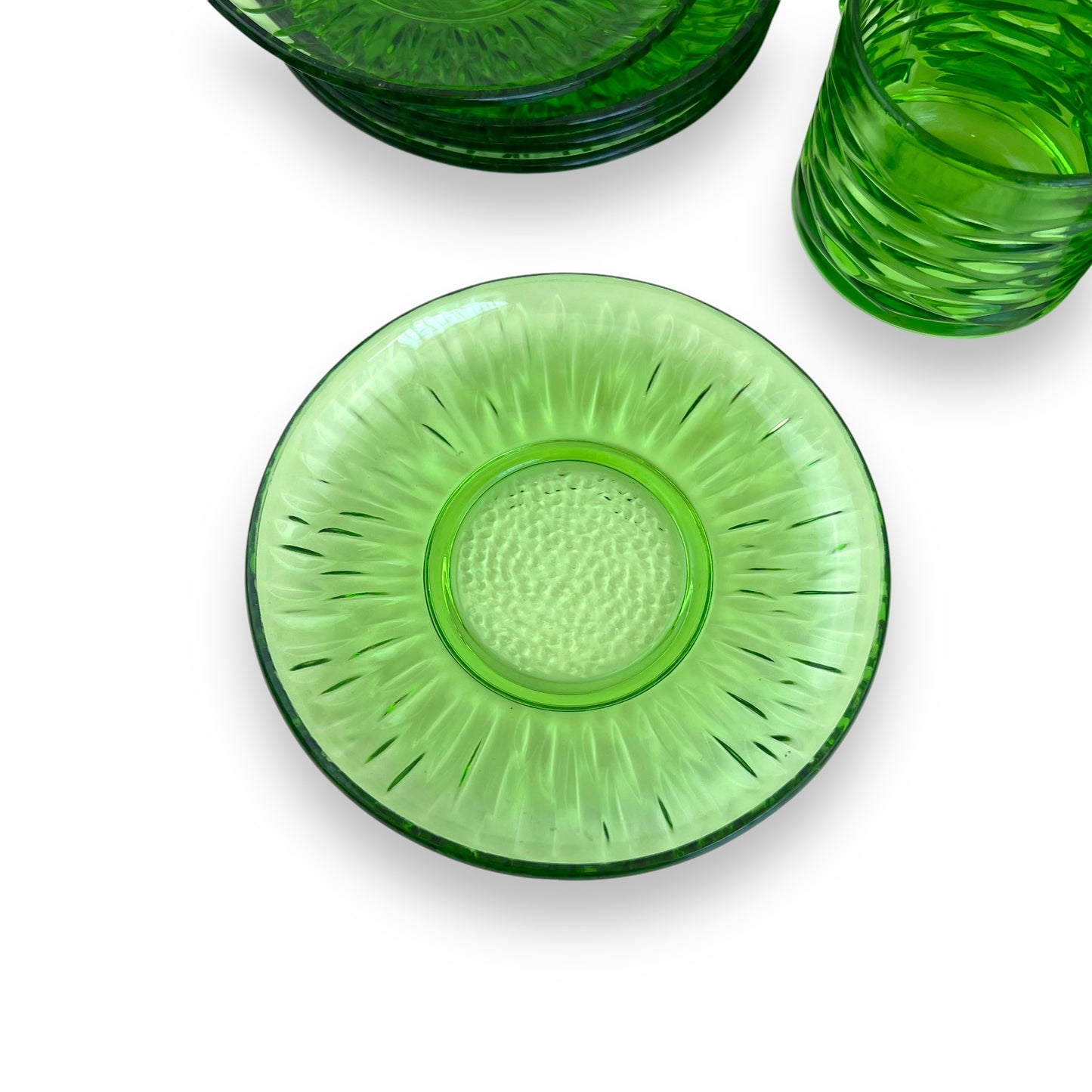 Green glass teacups x6 and 5 matching source plates - made in France