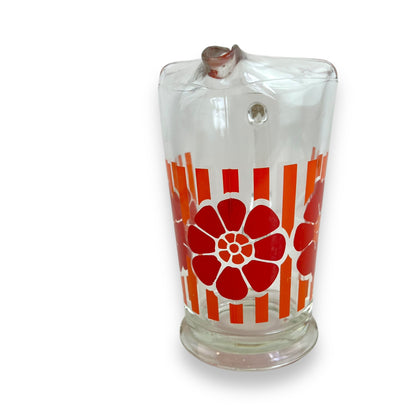 Glass Jug with Orange Stripes & Red Flower Decal – Retro 1970s Pitcher