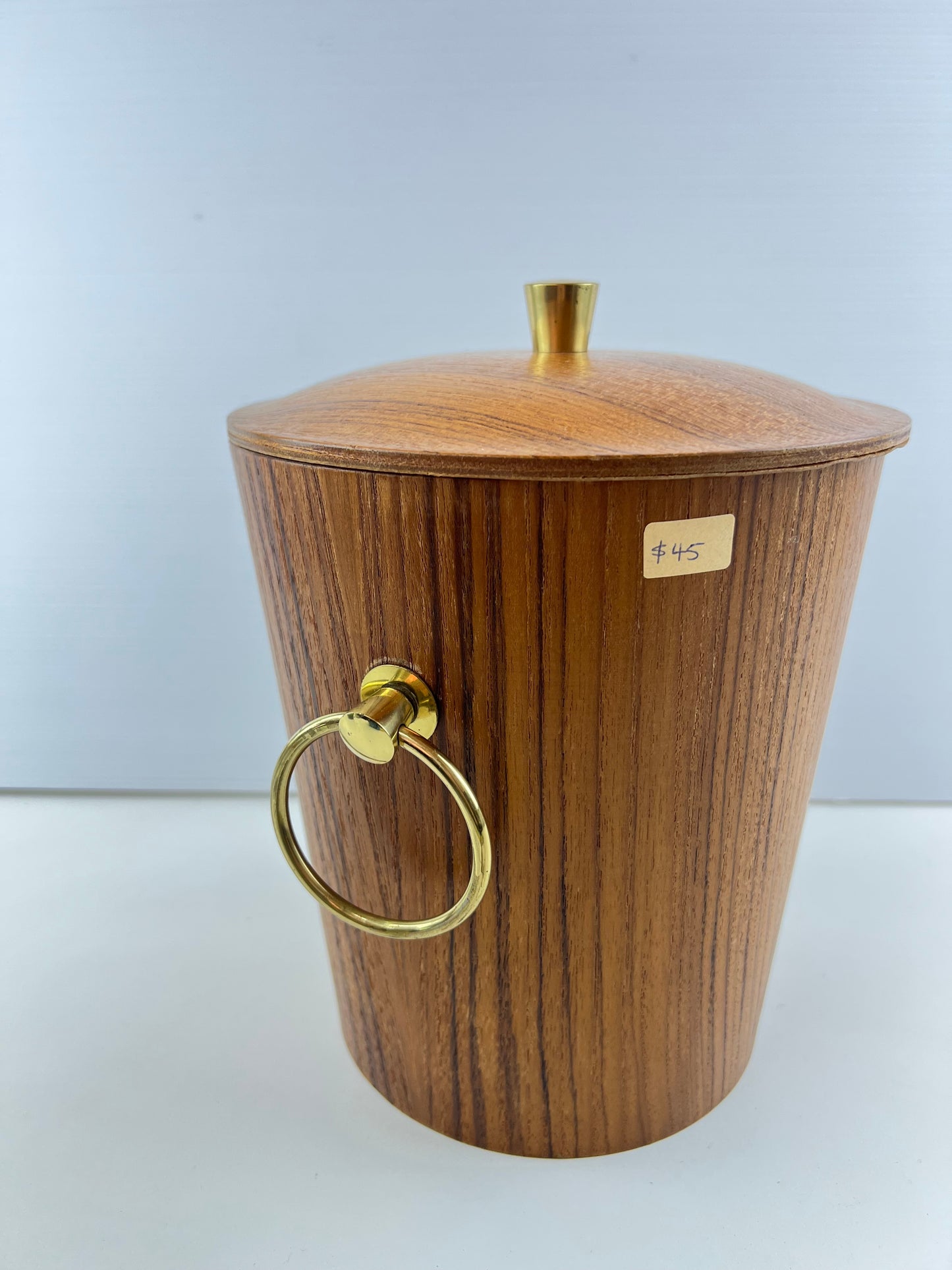 Teak Veneer & Brass Ice Bucket with Ring Handles