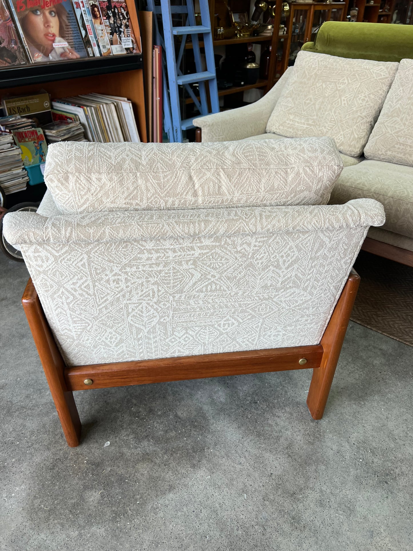 1. Danish Deluxe Single Lounge Chair Cream Patterned Upholstery