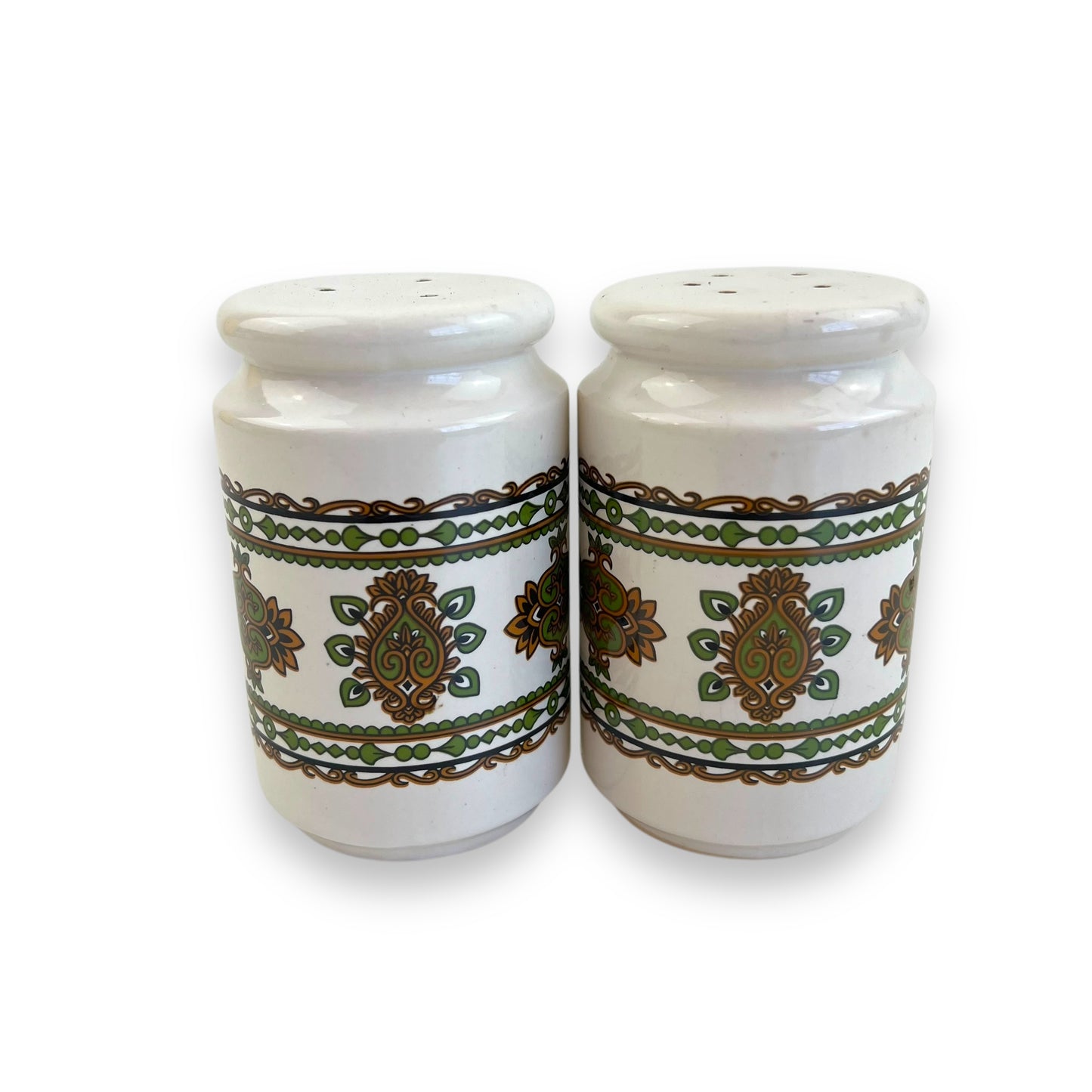 Green patterned salt and pepper set with handles