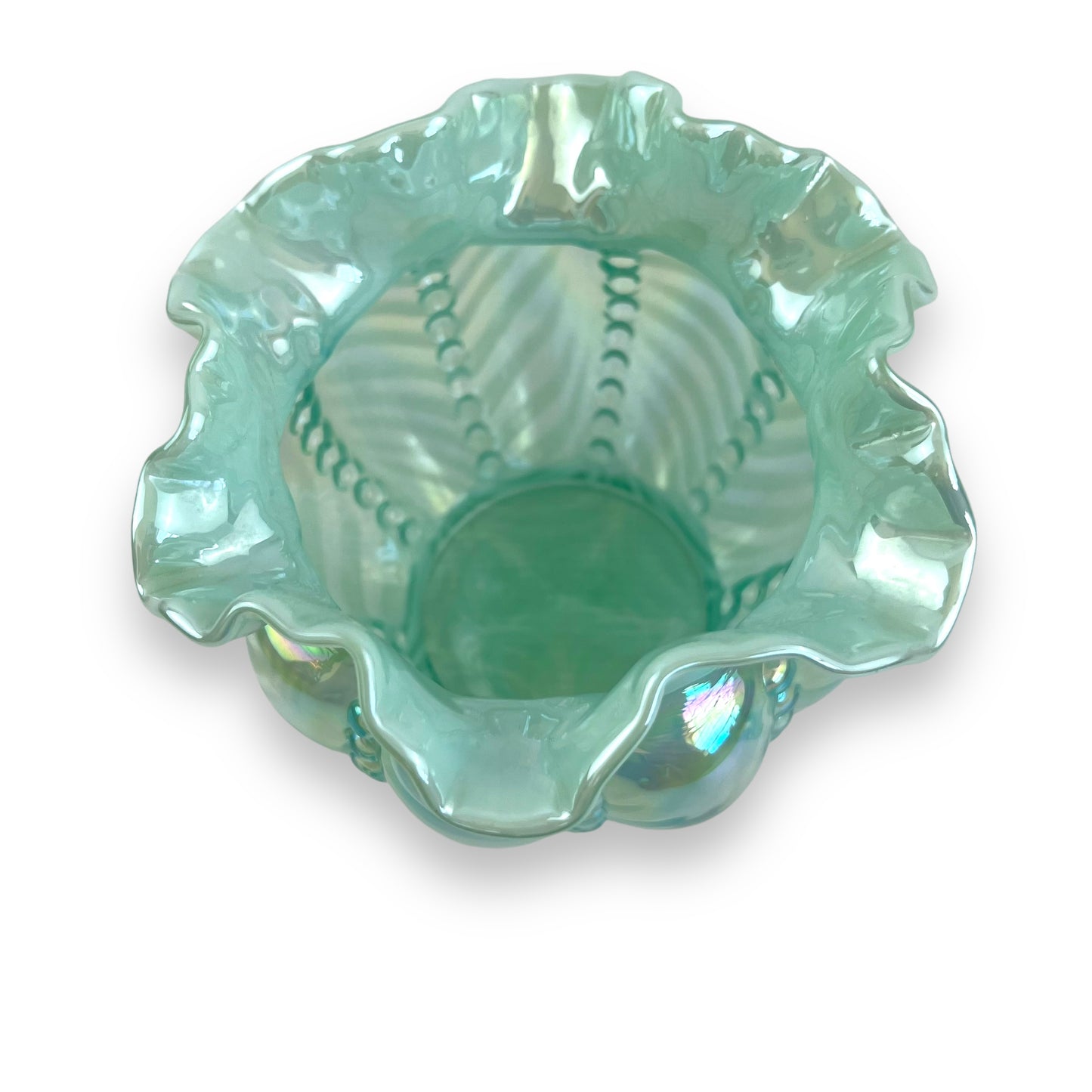 Fenton Opalescent Optic Sea Mist Green Beaded Melon Vase - Iridescent Ruffled Edge