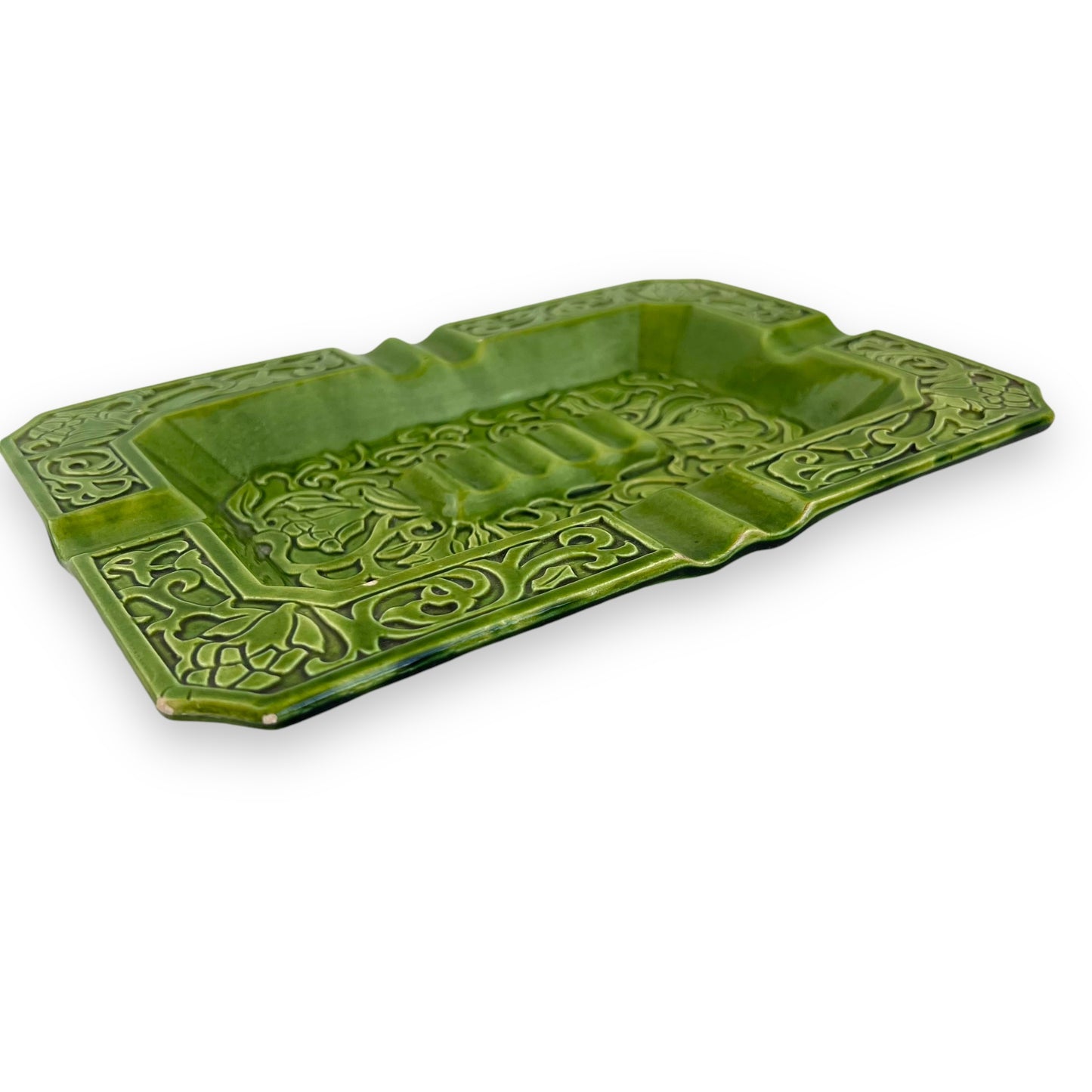 Green Ornate Pattern Ceramic Ashtray - Made in Japan