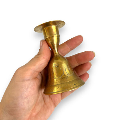 Vintage 1960s Etched Brass Dinner Bell and Candlestick Holder