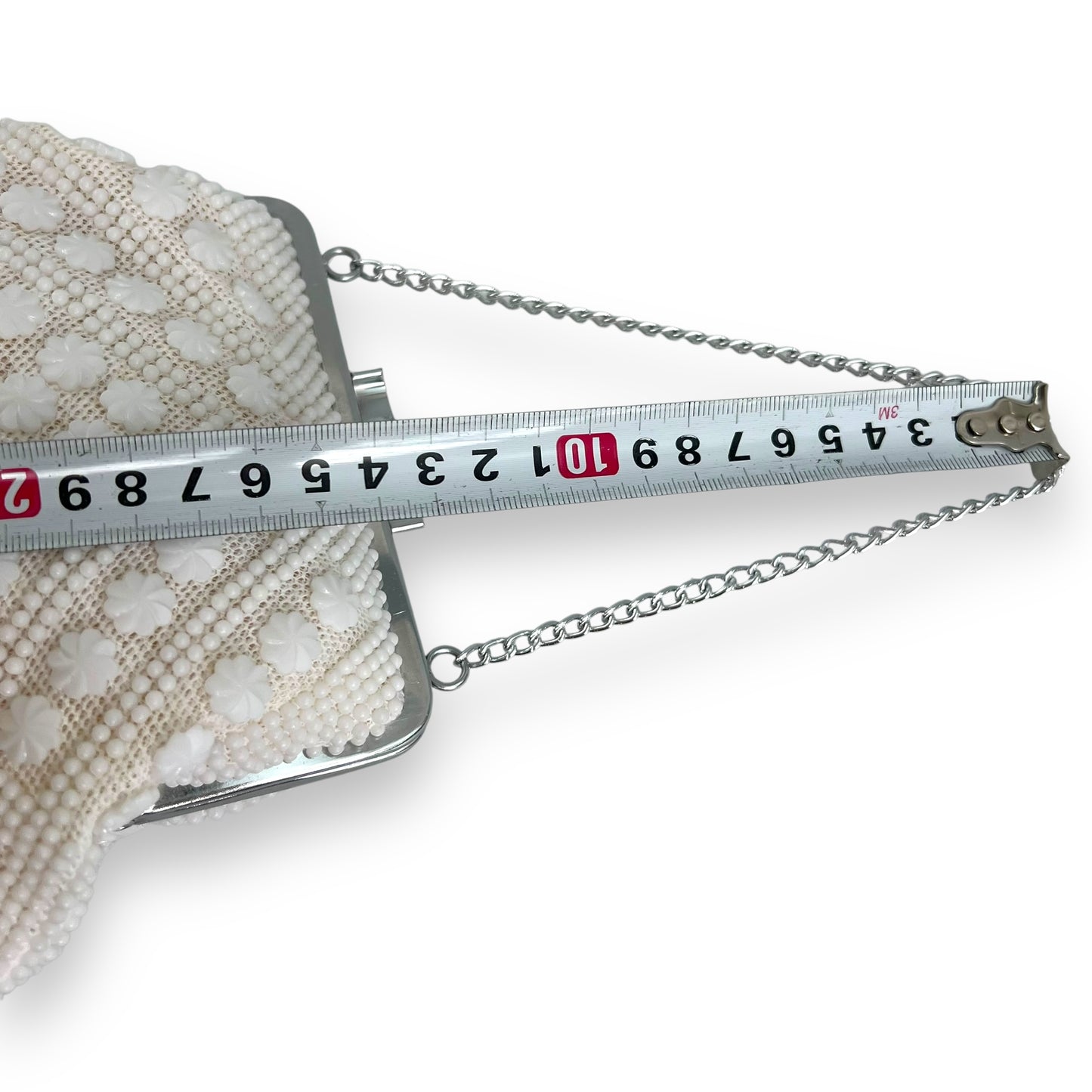 Vintage white Beaded Purse with silver metal clasp and short chain handle