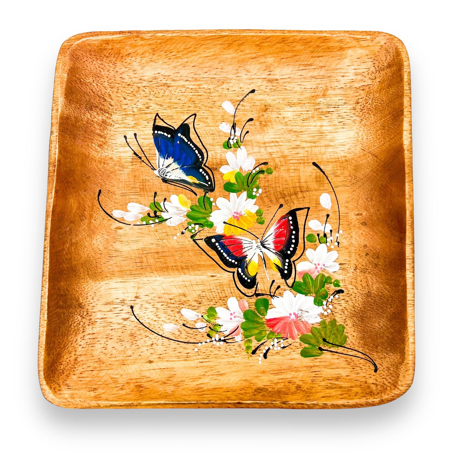 Wooden square plate with painted butterfly artwork