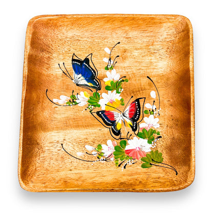 Wooden square plate with painted butterfly artwork