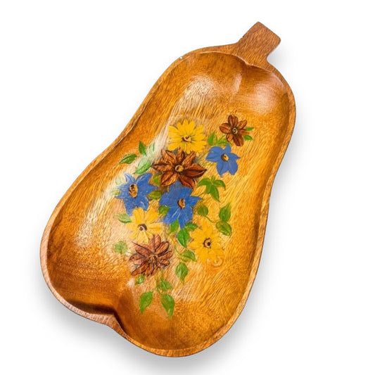 Wooden pear shape plate with painted flower art