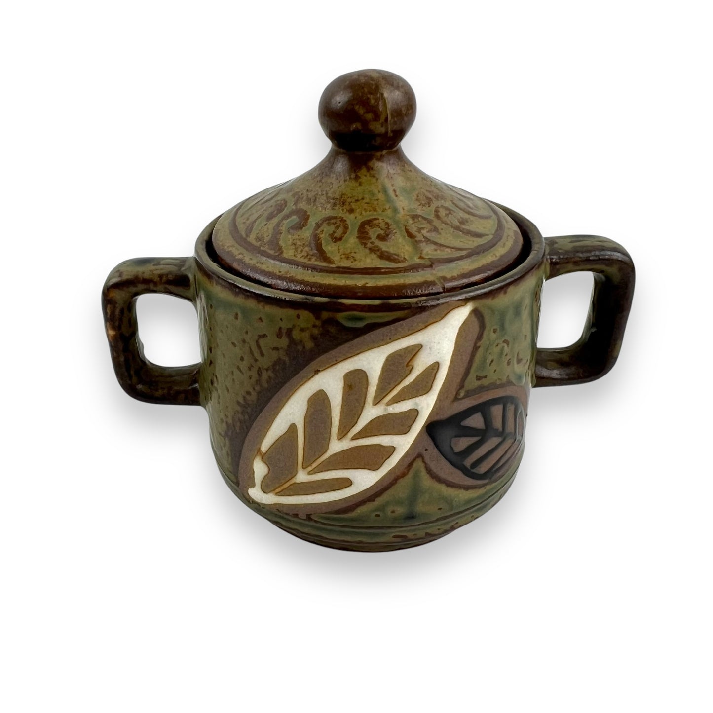 Pottery Leaf Dark Green Sugar Bowl with Lid - Made in Japan