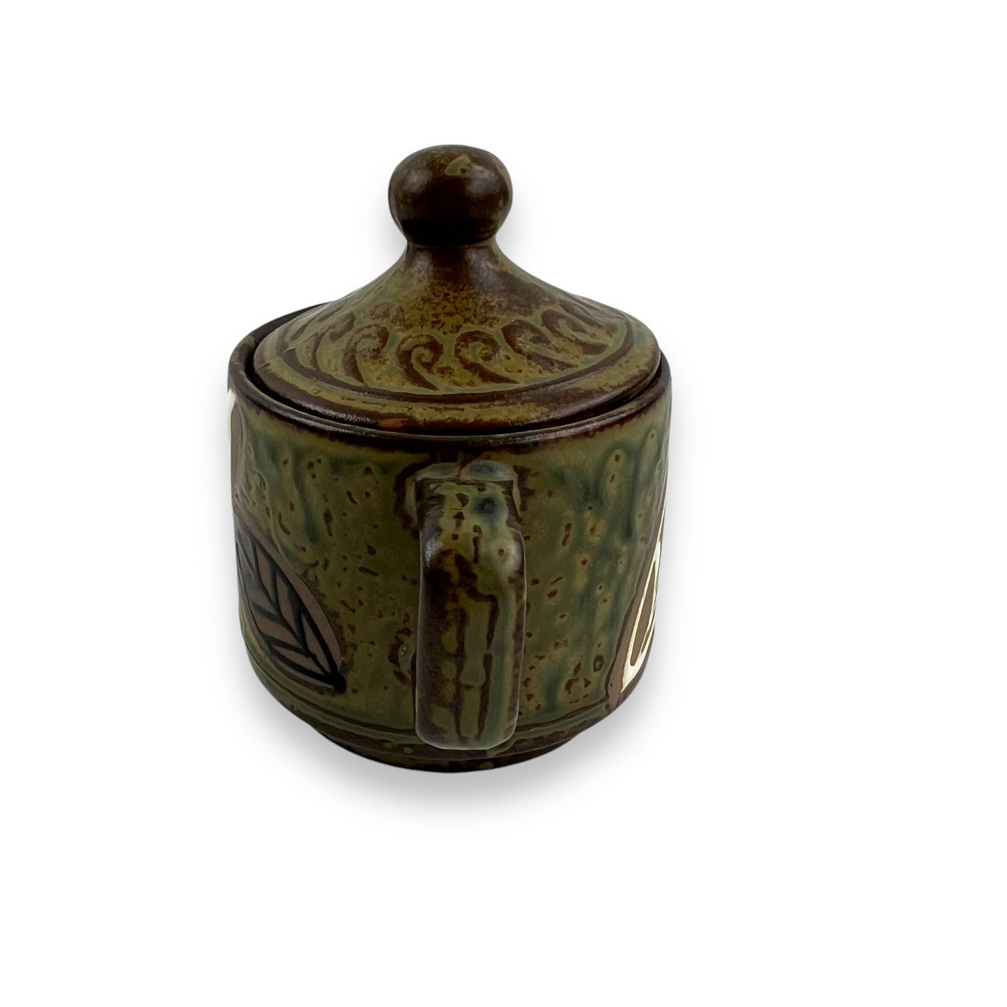 Pottery Leaf Dark Green Sugar Bowl with Lid - Made in Japan