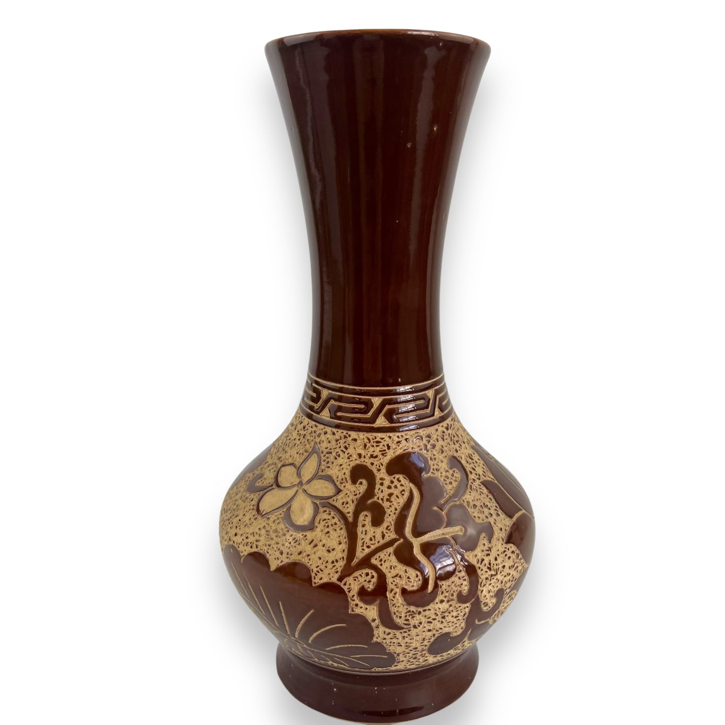 Large brown flower etched vase