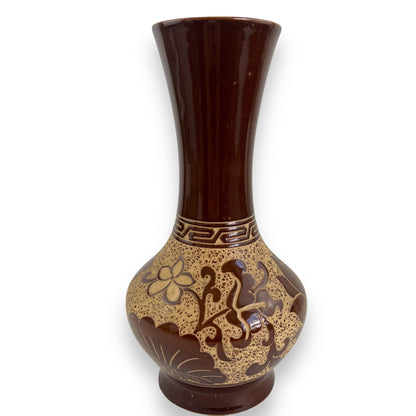 Large brown flower etched vase