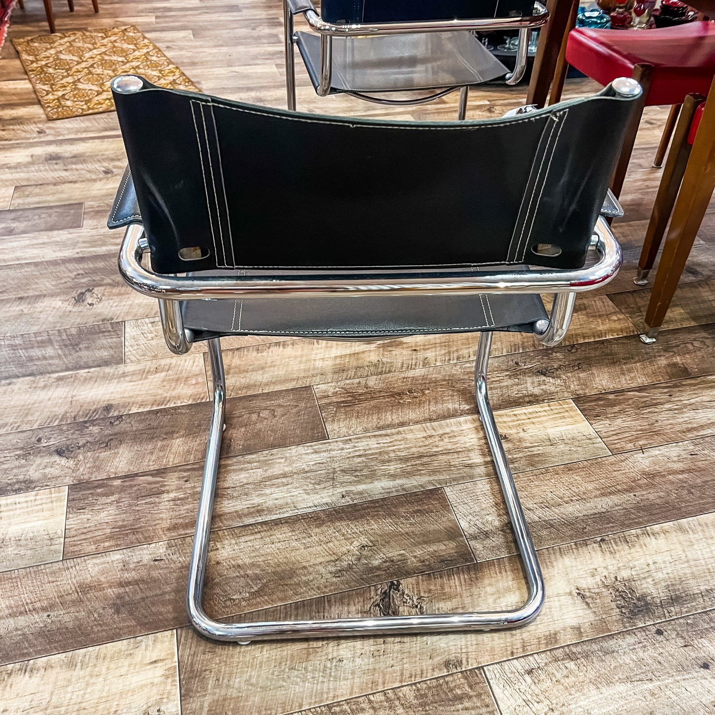 Black Leather & Chrome Cantilever Armchair