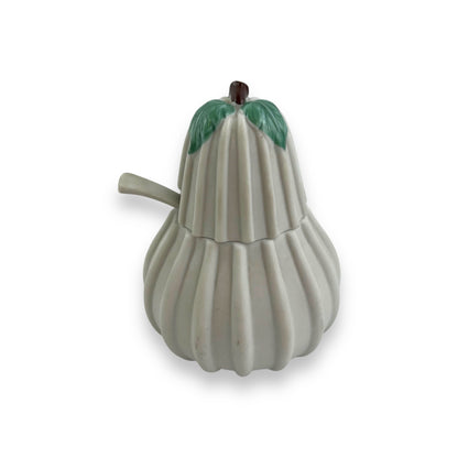 Italian Capodimonte grey Bisque Pear Shaped Condiment Bowl, Spoon & Lid