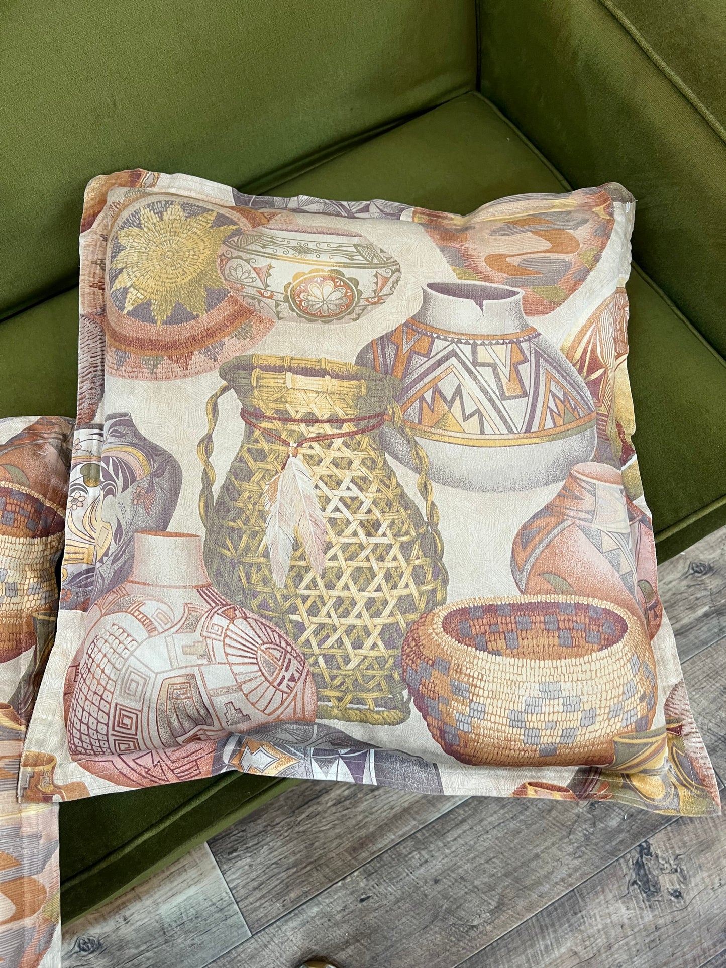 Pair of throw cushions vintage vase patterned fabric