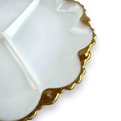 Milk Glass Divided Plate with Gold Trim - Scalloped Edge
