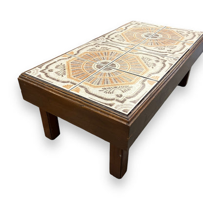 Large tile coffee table orange and brown retro pattern tiles wooden frame