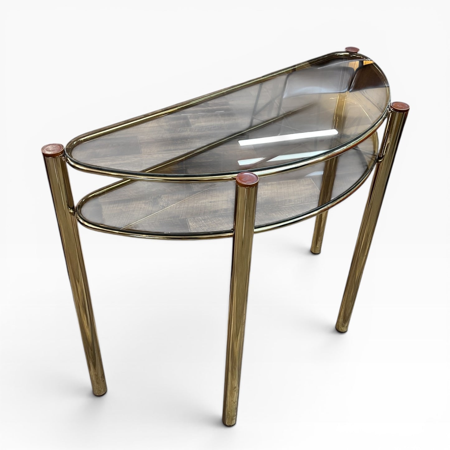 Brass Half Moon Console Table with Smoked Glass / Two-Tier Hall Table
