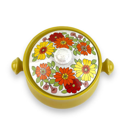 Colourful flower yellow fondue pot with lid