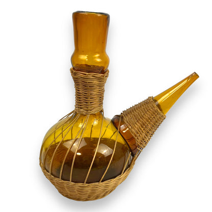 Vintage 1950s Amber Glass Woven Rattan Porron Spanish Decanter - Missing Stopper