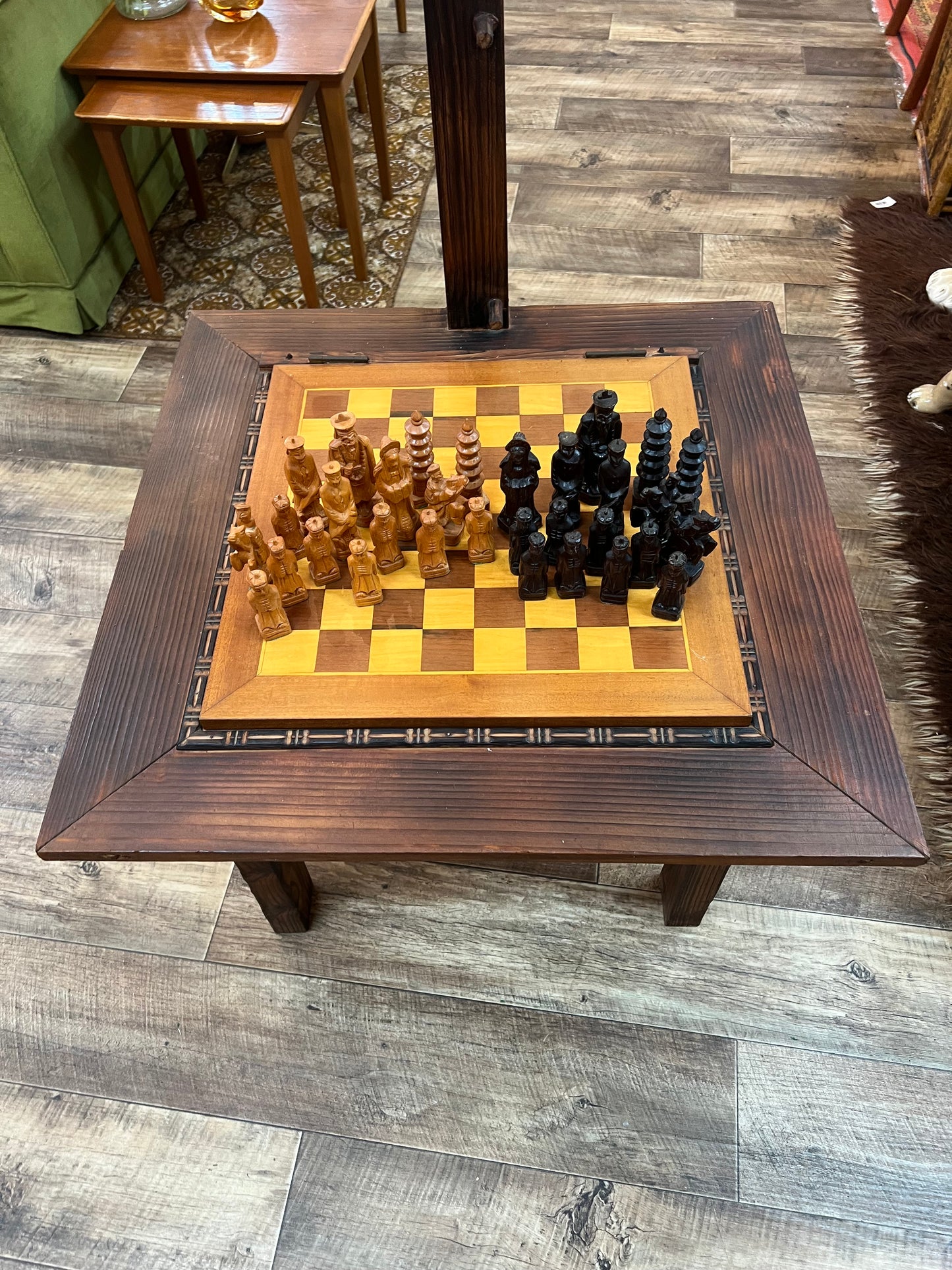 Timber Chess / Games Coffee Table with Hidden Storage Compartment & Lamp