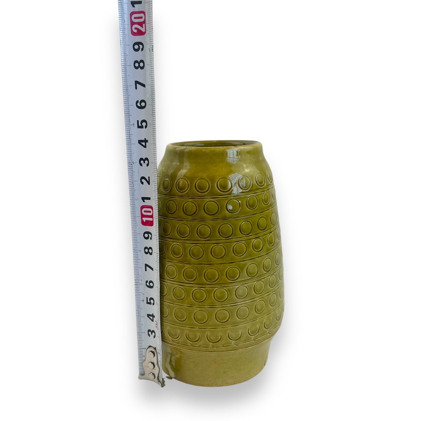 West German Pottery Vase - Stamped 657-14, Olive Green with Embossed Circle Design