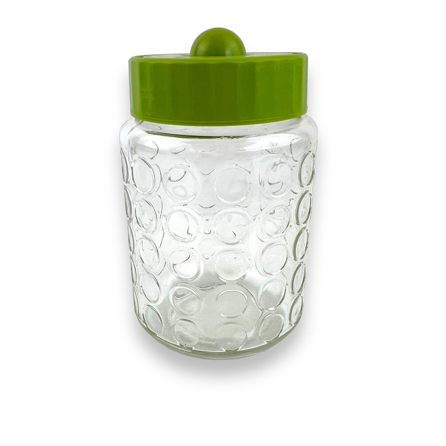 Green lid circle clear glass pattern jar