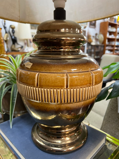1970s Ceramic Table Lamp – Brown Glaze with hessian shade