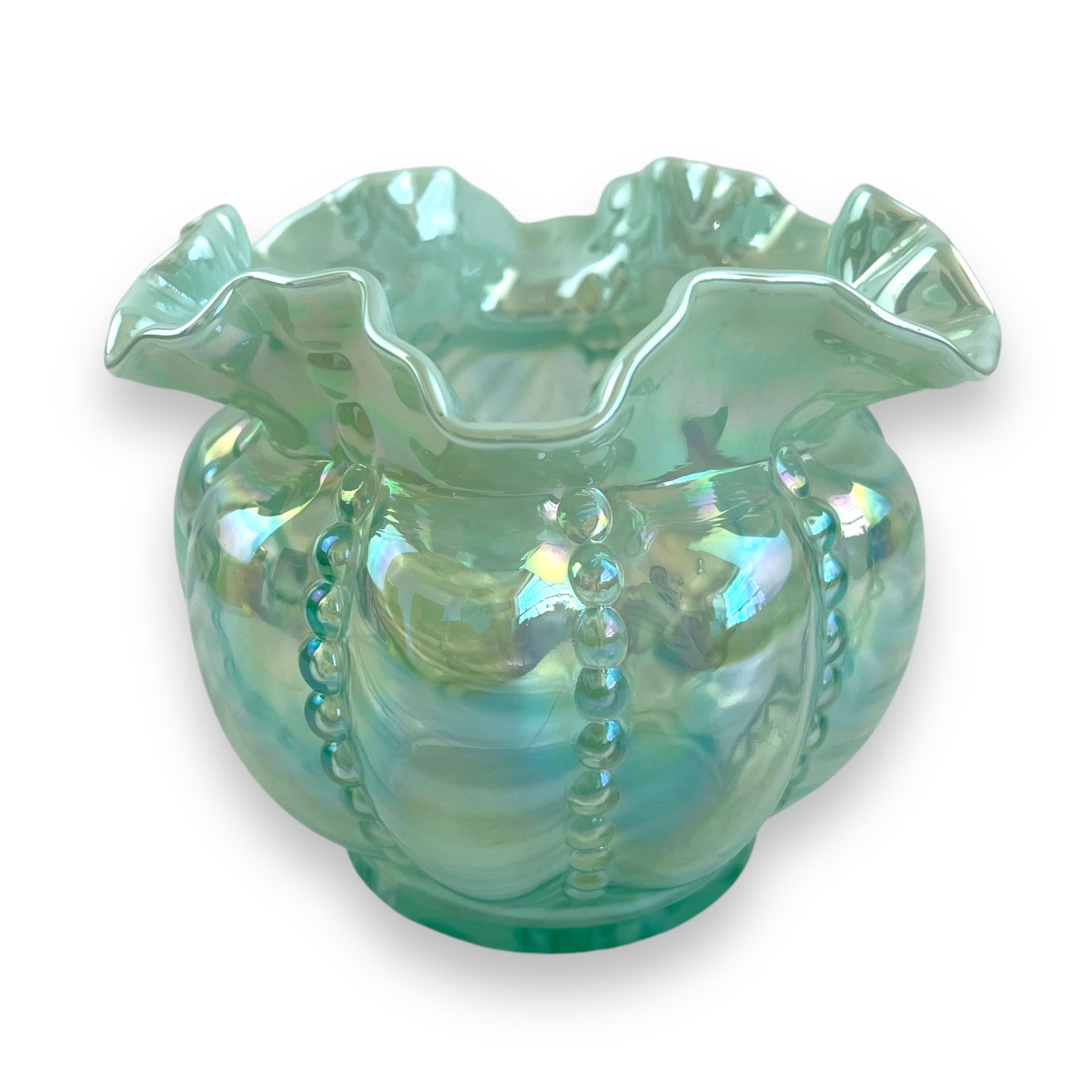 Fenton Opalescent Optic Sea Mist Green Beaded Melon Vase - Iridescent Ruffled Edge