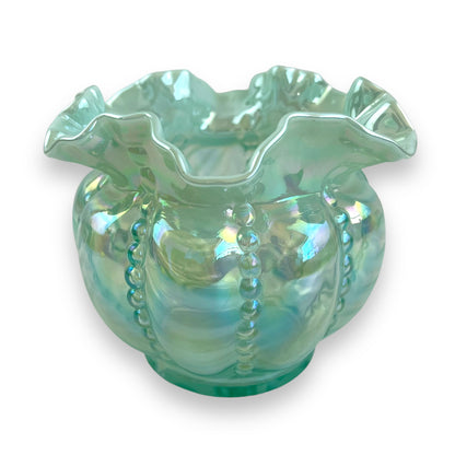 Fenton Opalescent Optic Sea Mist Green Beaded Melon Vase - Iridescent Ruffled Edge