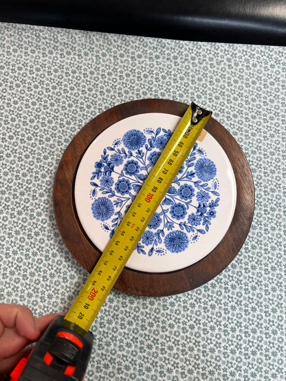 Blue Floral Ceramic Tile Trivet with Wood Frame – Mid Century Scandinavian Style