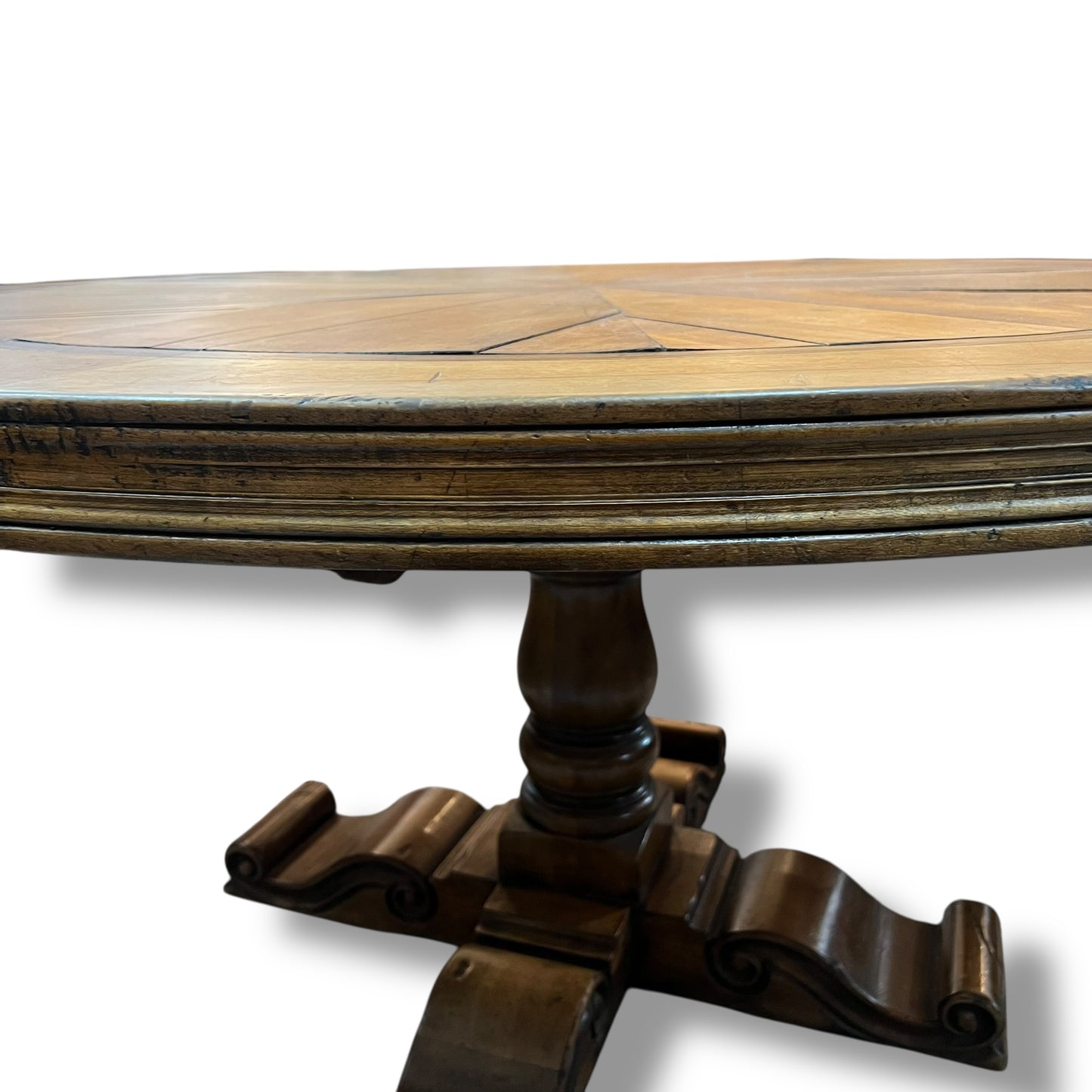 Round Parquetry Dining Table with Carved Scroll Base