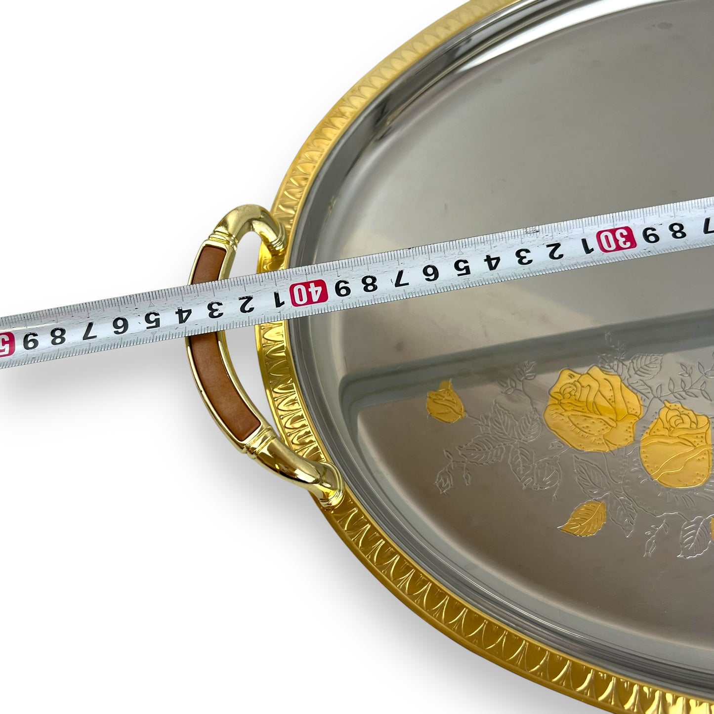Chrome with gold trim large serving platter with rose design