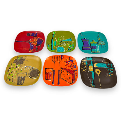 Set of 6 Vintage 1970s Bessemer Melamine Plates - Space Age Design by Wiederkehr - Made in Australia