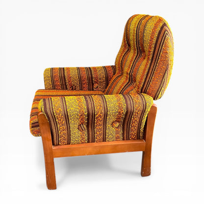 VanderOza Mid-Century Armchair in Original yellow, orange and brown Textured wool Stripe Upholstery