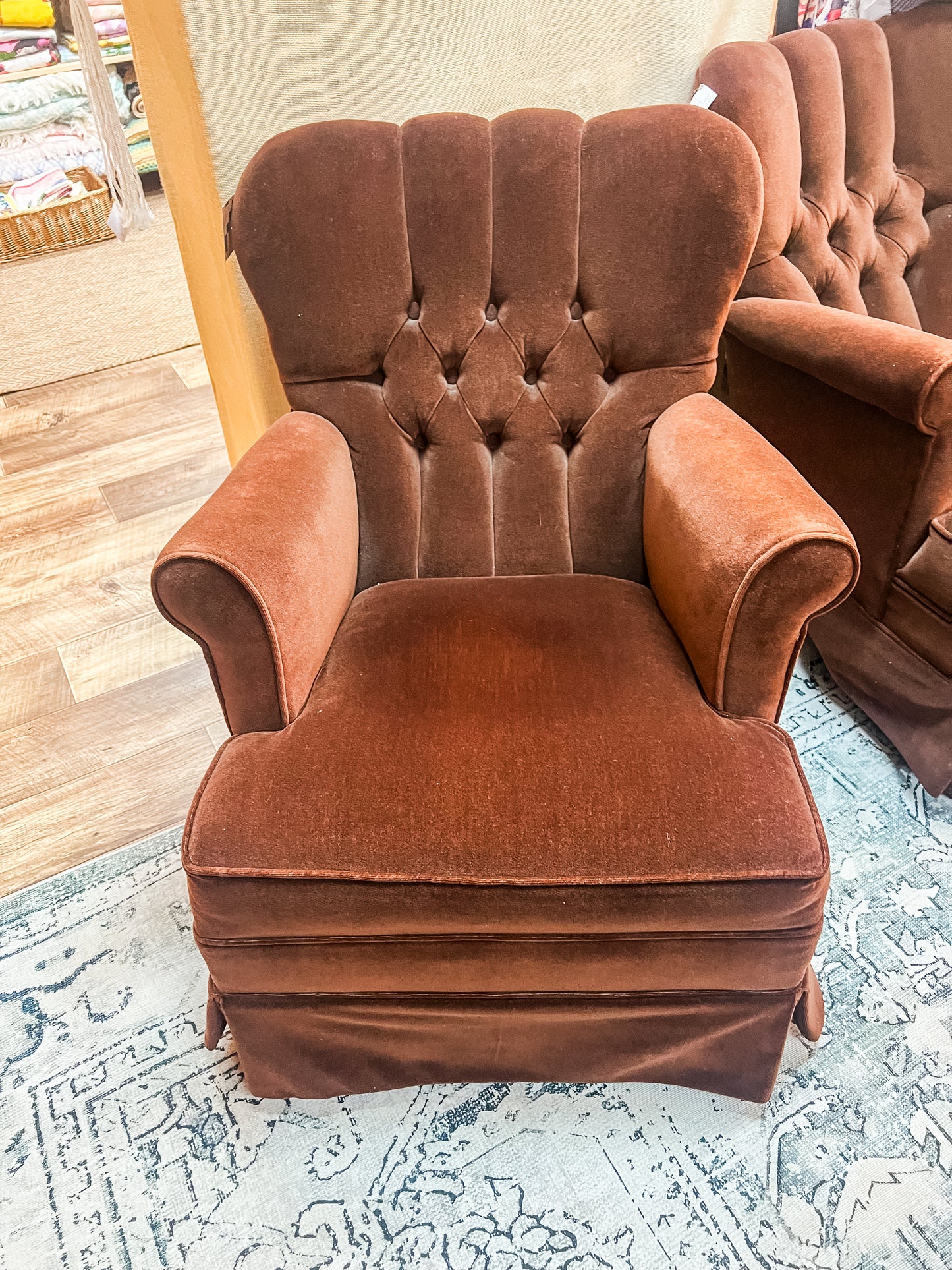 Brown Velvet Button-Back Armchair