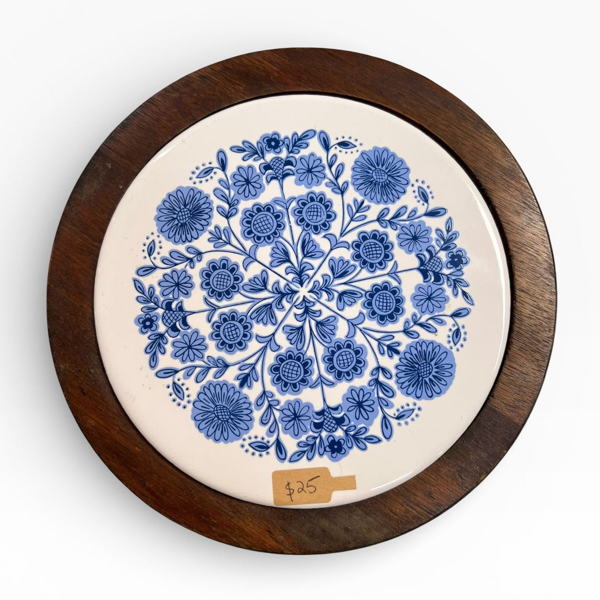 Blue Floral Ceramic Tile Trivet with Wood Frame – Mid Century Scandinavian Style