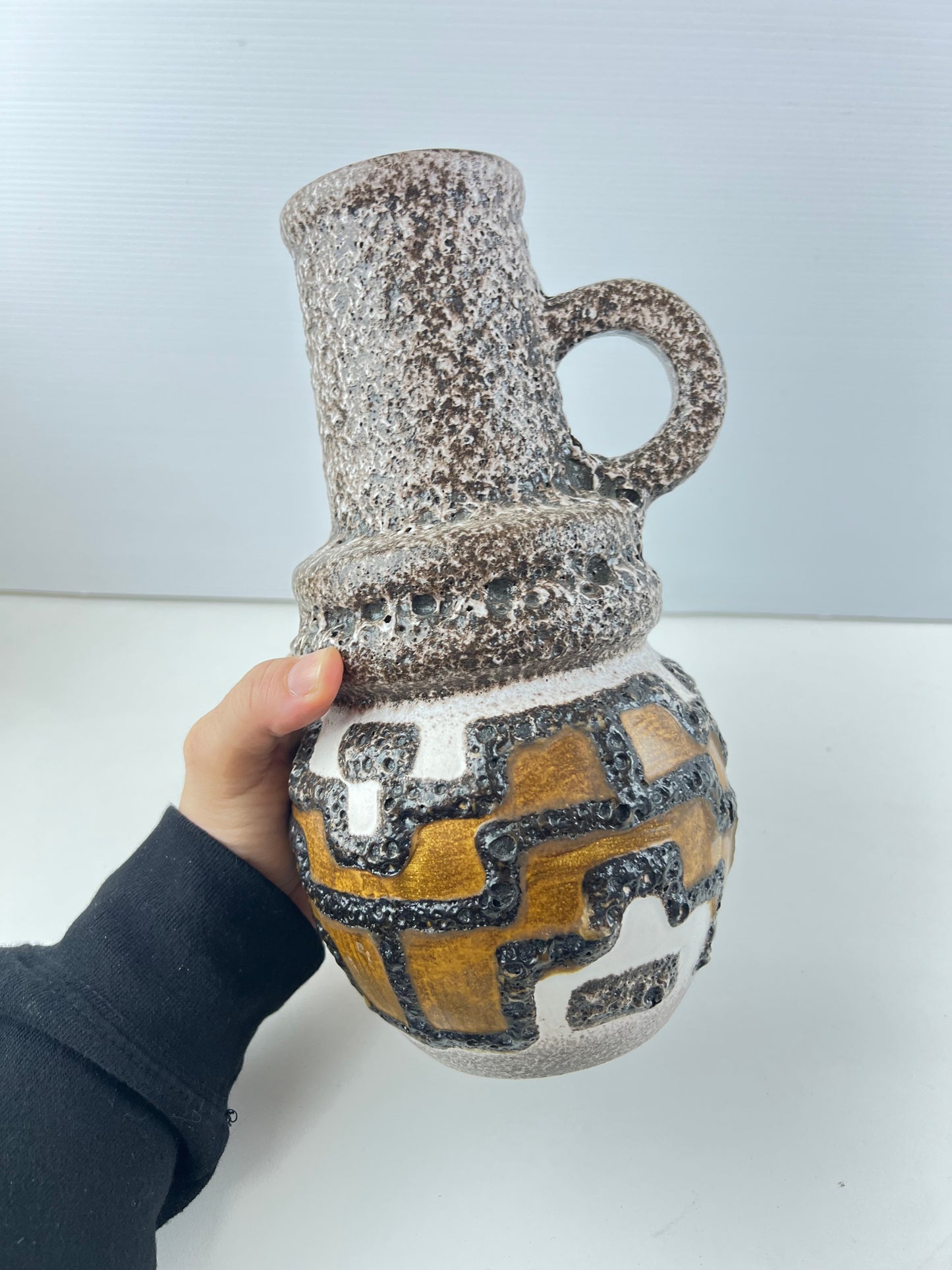 West German Pottery Lava Glaze Handled Vase – Brown, White & Ochre