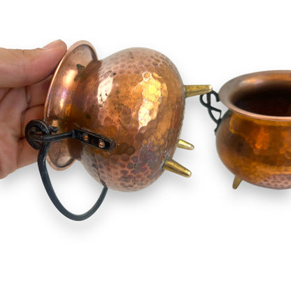 Hammered Copper Pair of Pots with Wrought Iron Handles