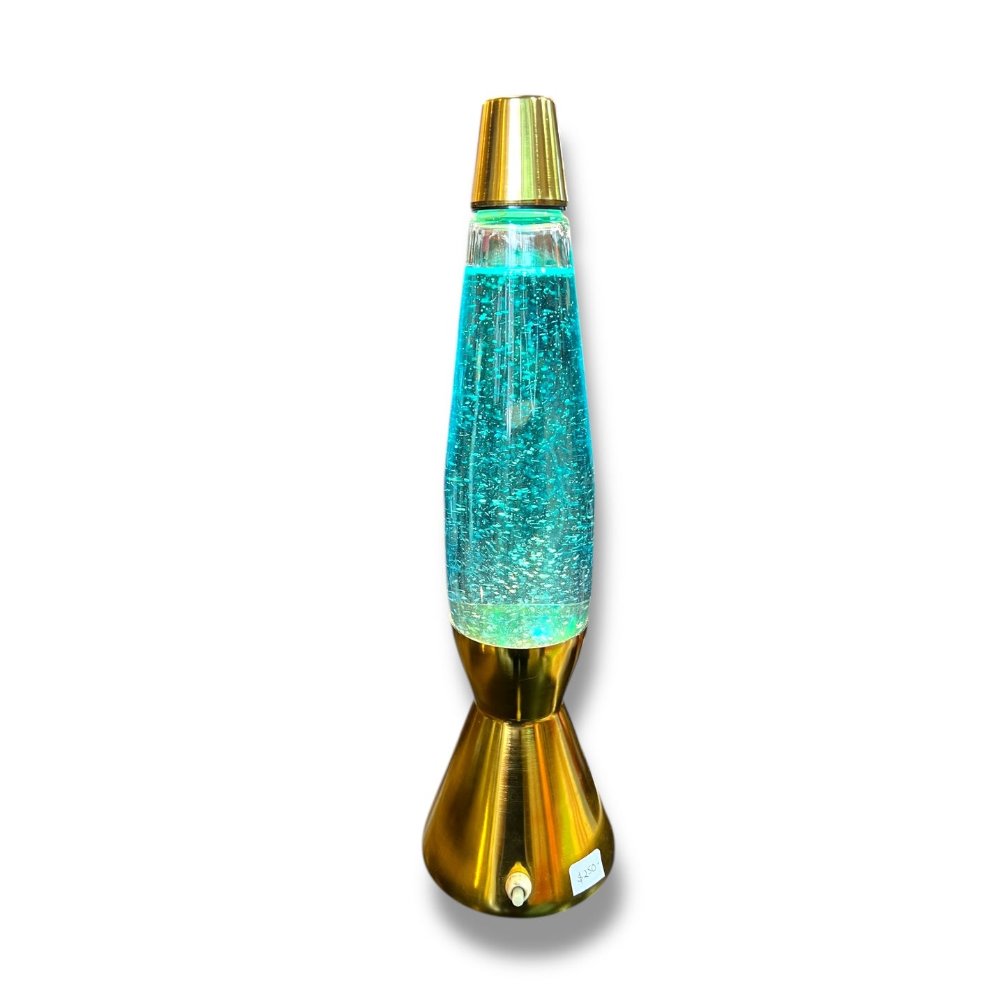 1970s Glitter Lava Lamp — Gold Anodised Base, Turquoise Glitter Fluid, Vintage Mathmos / Crestworth Style