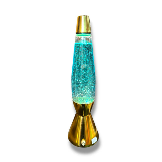 1970s Glitter Lava Lamp — Gold Anodised Base, Turquoise Glitter Fluid, Vintage Mathmos / Crestworth Style