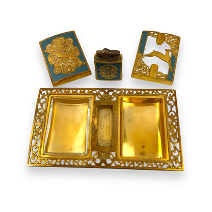 Brass Ornate Cigarette Holder, Lighter, and Ashtray with Leaping Deer Design – Elegant Mid-Century Smoking Set