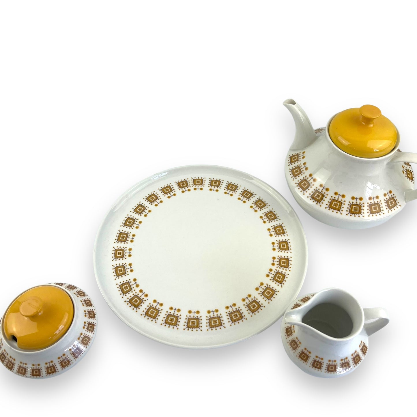 Constantia RSA Yellow Patterned Teapot, Sugar Bowl, creamer and plate set