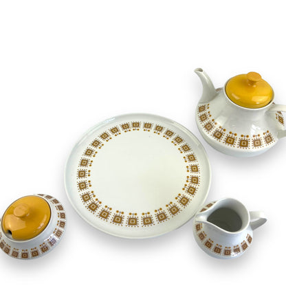 Constantia RSA Yellow Patterned Teapot, Sugar Bowl, creamer and plate set