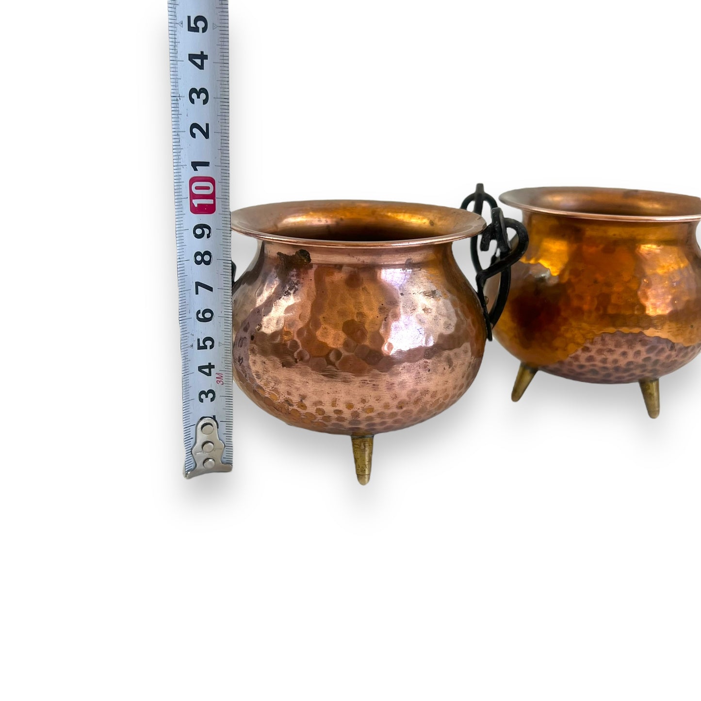 Hammered Copper Pair of Pots with Wrought Iron Handles