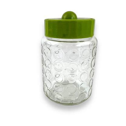 Green lid circle clear glass pattern jar