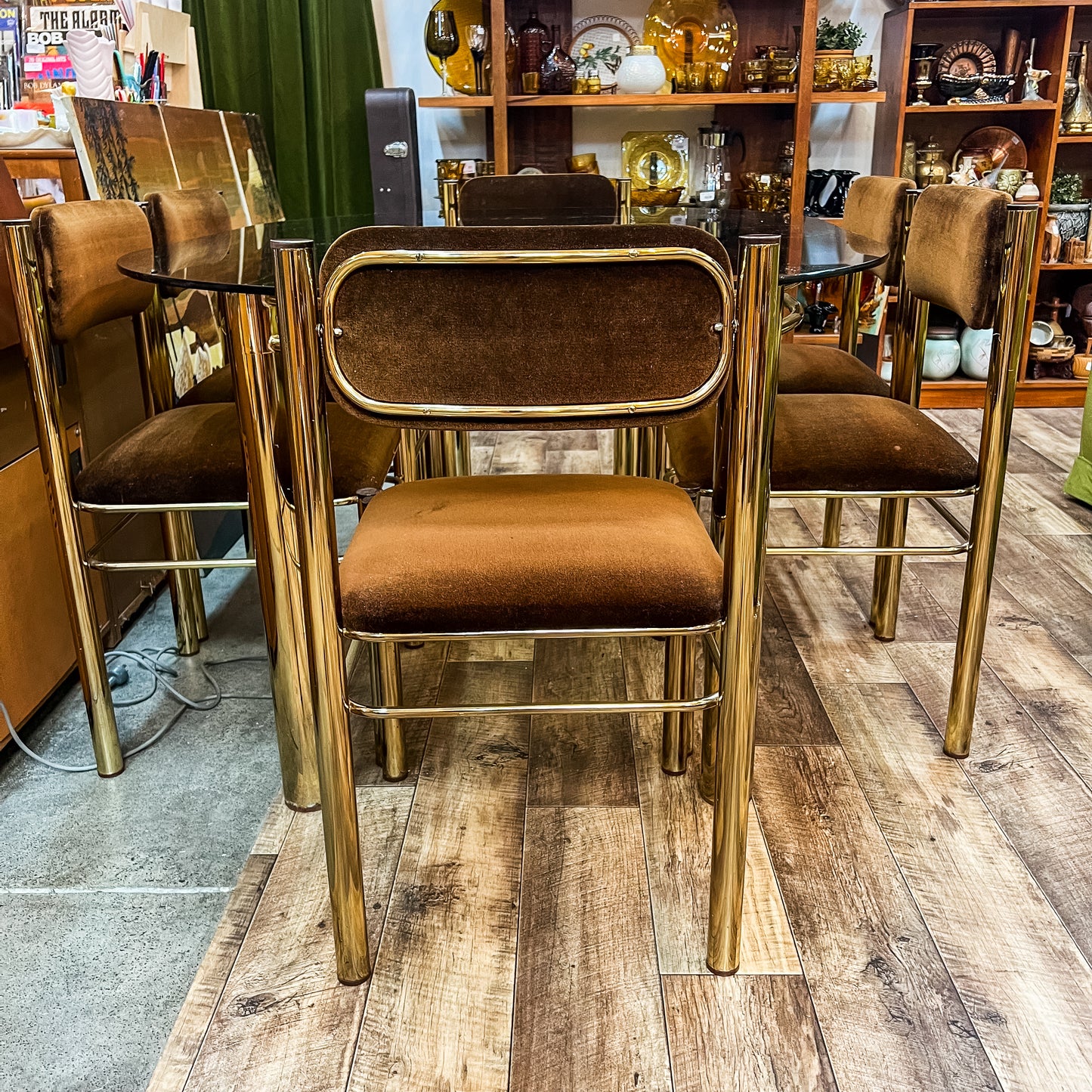 Brass & Smoked Glass Dining Table with 6 Chairs 