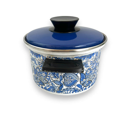 Blue Enamel Pot with Lid, 1970s Fancipan Enamelware, Royal Blue Paisley Pattern, Made in France