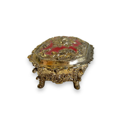 Ornate Jewelry Box – Made in Japan – Gold Tone Metal with Red Velvet Lining
